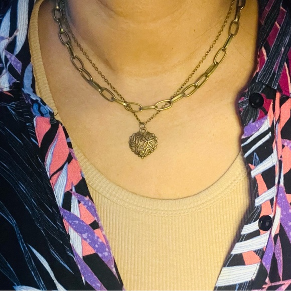 Handmade Jewelry - Antique Bronze 2 Chain Heart Pendant Necklace